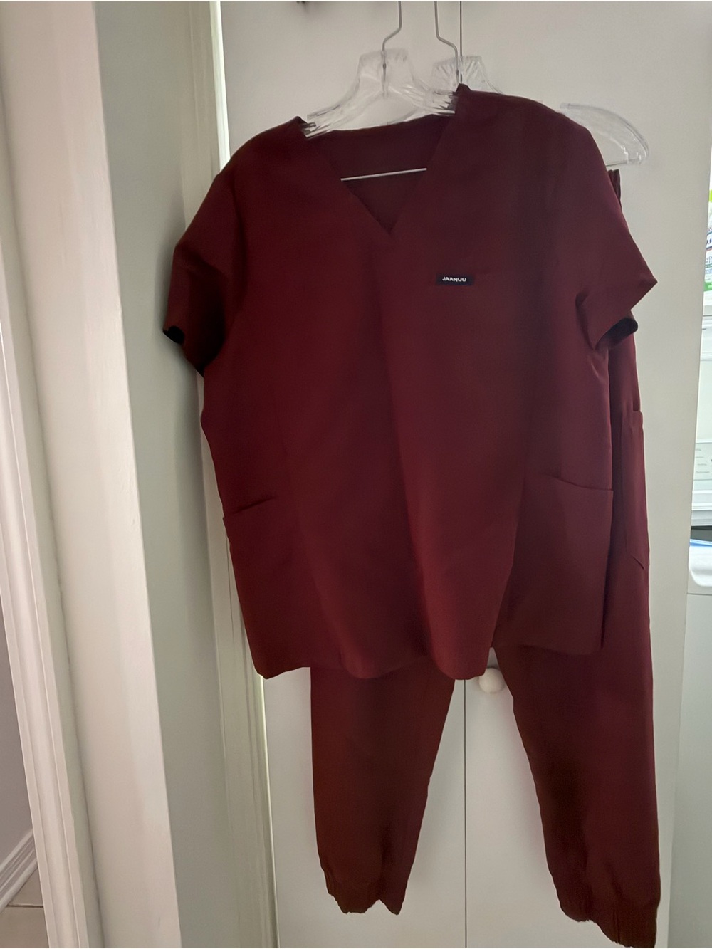 Jaanuu Women's Maroon Scrub Top & Jogger Set